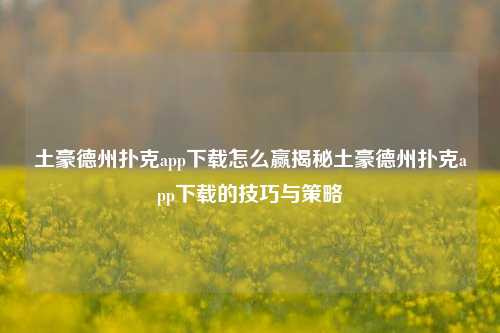 土豪德州扑克app下载怎么赢揭秘土豪德州扑克app下载的技巧与策略